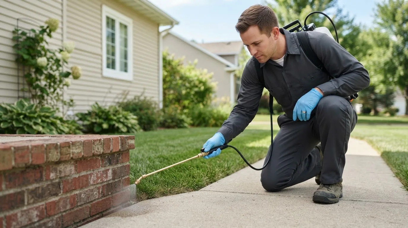 Pest control technician treating a home near Galt, IA