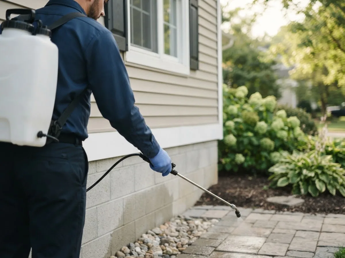 Pest control technician inspecting a home in Galt, IA